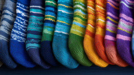 Macro close-up of colorful socks arranged in repeating pattern, knit texture sharply defined, balanced lighting, clean background for commercial use