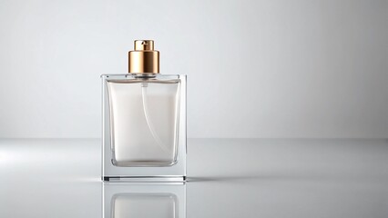 White mockup perfume-style glass bottle, blank surface, elegant lighting, branding-ready presentation