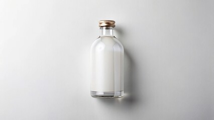 White mockup glass bottle flat lay, blank label zone, clean modern composition.