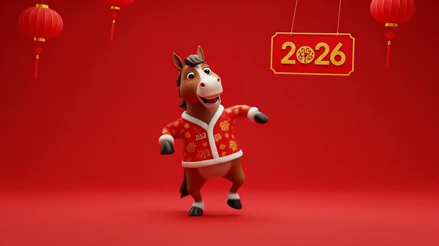 A cheerful 3d cartoon horse mascot, wearing a traditional red chinese jacket, joyfully dances in a festive red studio setting celebrating the lunar new year 2026.