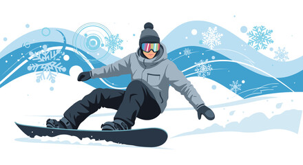 Skilled person wearing goggles and winter gear snowboarding down a snowy mountain slope with abstract blue waves.