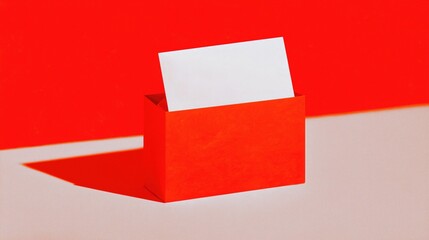 Red box with blank white card, set on beige surface against bold red background—minimal geometric design with distinct shadow, modern stationery holder for note or message.