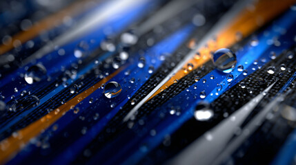 Abstract sports-themed HD background, layered angular shapes in vivid blue and orange, black contrast, mesh-inspired textures and sweat droplets scattered across, modern athletic d