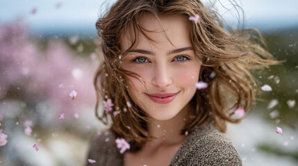 Portrait of joyful woman outdoors in spring, hair lifted by breeze, delicate cherry blossoms falling, fresh makeup highlighting natural features, light neutral background with copy