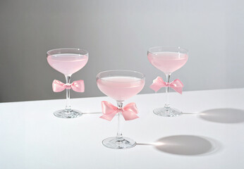 Bachelorette party, minimalistic composition with cocktail glasses and pink champagne