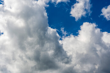 Spectacular cumulus clouds in the morning sky. A close-up of beautiful multicolored cumulus clouds against a blue sky and sunset.