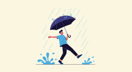 Fototapeta premium Happy young man dancing and splashing in puddles while holding an umbrella during a heavy rain shower outdoors.