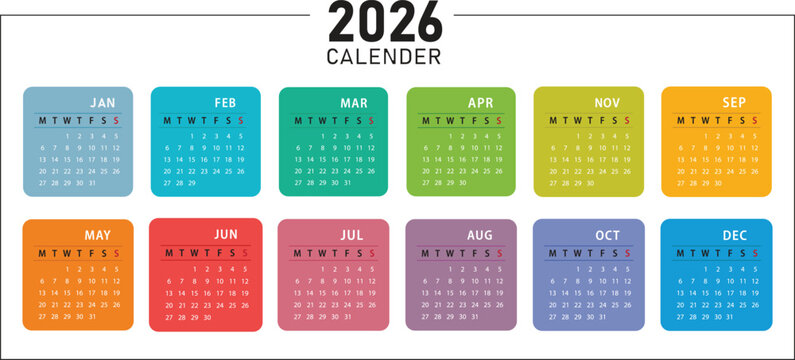 Clean and simple 2026 calendar design. 2026 monthly calendar template for company. Daily planner calendar template