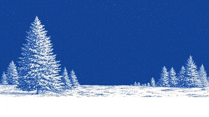 Christmas: Snowy pine trees (white line art) on dark blue starry sky background&mdash;winter landscape illustration for holiday decor, greeting card or wallpaper.
