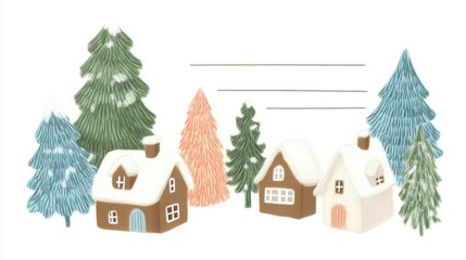 Christmas: Winter village illustration with snow-topped houses, colorful pine trees (green, blue, orange) and blank lines&mdash;festive greeting card template for holiday note.