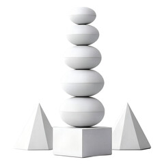 Stack of white geometric spheres on a cube with two pyramids on a transparent background isolated on a transparent background