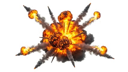 Dramatic explosion with fire and smoke on white background