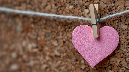 Close-up of small heart-shaped note pinned to corkboard with a tiny clothespin, Valentineâs message visual