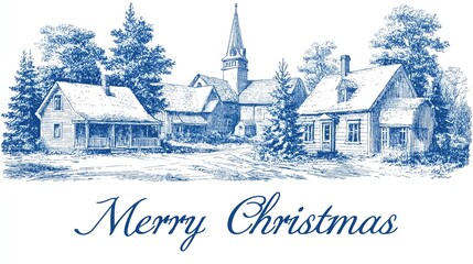 Christmas: Blue line art illustration of snowy winter village (houses, church, trees) with "Merry Christmas" script text&mdash;festive greeting card decor for holiday celebration.