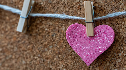 Close-up of small heart-shaped note pinned to corkboard with a tiny clothespin, Valentineâs message visual