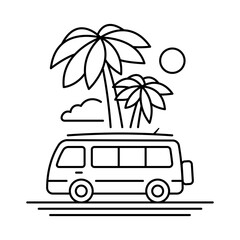 Minibus, surfboard and palm trees. Black contour linear silhouette. Editable strokes. Side view. Vector simple flat graphic illustration. Isolated object on a white background. Isolate.