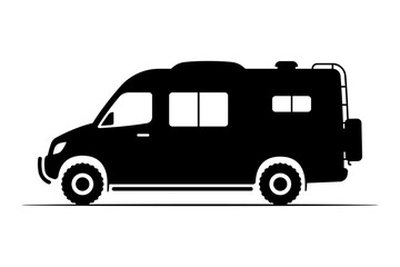Off-road motorhome. Camper. Black silhouette. Side view. Vector simple flat graphic illustration. Isolated object on a white background.