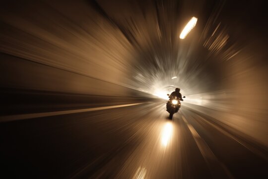 Fondo para dise&ntilde;o web de viajes en moto, Imagen para campa&ntilde;a publicitaria de motocicletas, Motociclista conduciendo a trav&eacute;s de un t&uacute;nel con efecto de movimiento