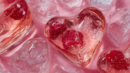 Close-up of heart-shaped ice cubes in glasses of pink lemonade, festive Valentineâs summer drink visual