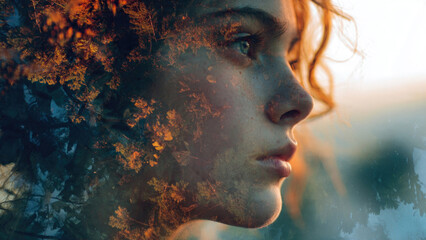 Double Exposure Portrait of Woman and Forest