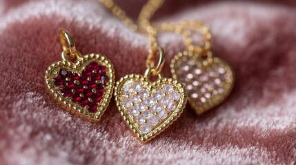 Obraz premium Close-up of small heart-shaped jewelry pieces on soft velvet, pink and red tones, Valentineâs gift concept
