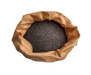 Black poppy seeds in a brown paper bag isolated on White or transparent background