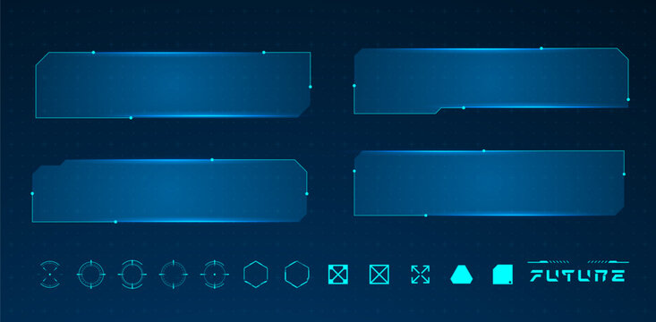 Set technology box or futuristic callout title banner and digital frame boxes. HUD screen or textbook blue vector