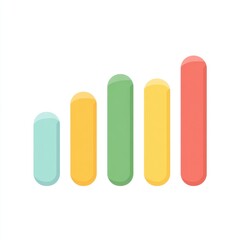 Pastel business chart icon with rounded bars in light blue, yellow, green, and red, representing growth and progress, isolated on white background, modern and cheerful style