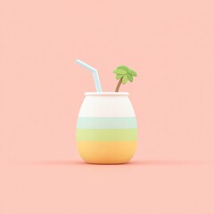 Pastel coconut drink icon with soft tones, striped cup, blue straw, and palm tree decoration, minimal style, isolated on pink background, cheerful and playful vibe