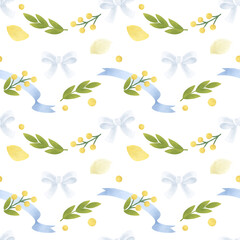 Obraz premium Seamless light pattern with simple yellow flowers, white bows, blue ribbons, green twigs, and leaves. Handmade illustrations, watercolors, pastels. For printing design, textiles, wallpaper, interior