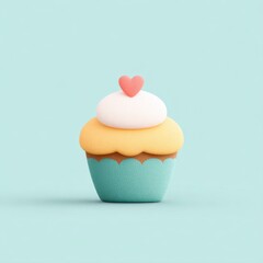 Pastel cupcake with heart icon soft pastel tones minimal style cute dessert blue and yellow color sweet treat isolated on light background cheerful mood