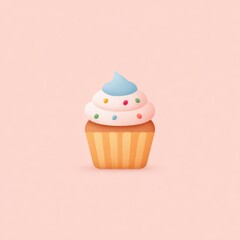 Pastel cupcake with soft blue frosting, colorful sprinkles, and striped wrapper on light pink background, creating cute and cheerful dessert illustration