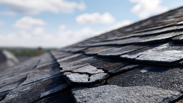 Ultra-realistic close-up of cracked and missing asphalt shingles on a residential roof under harsh daylight