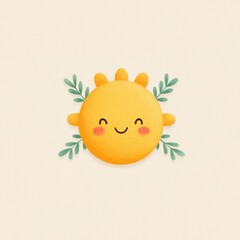Cute pastel sun icon with smiling face, soft yellow color, round shape, green leaves, cheerful and playful design, perfect for seasonal or children themes