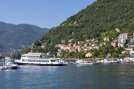 yachts at the marina of a mountain lake in Europe. Marina on Lake Como.