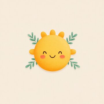 Cute pastel sun icon with smiling face, soft yellow color, round shape, green leaves, cheerful and playful design, perfect for seasonal or children themes