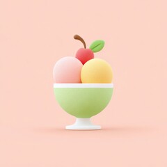 Pastel ice cream sundae in soft tones, three scoops with cherry and leaf, minimal style, green bowl, playful and cheerful dessert illustration