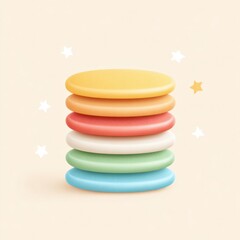 Pastel pancake stack icon with soft tones, playful mood, minimal style, colorful layers, and whimsical star accents, perfect for digital design or children themes