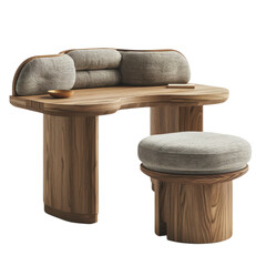 A modern wooden table and stool set with gray cushions