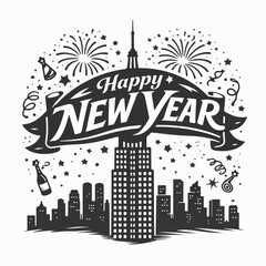 Happy New Year on the world map and roads and towers