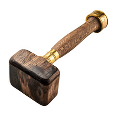 A wooden mallet with a gold handle on a black background