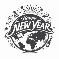 Happy New Year on the world map and roads and towers