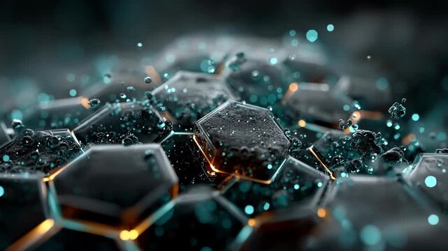 Abstract Hexagonal Nanostructure Glowing, Futuristic Tech Background, Close Up.