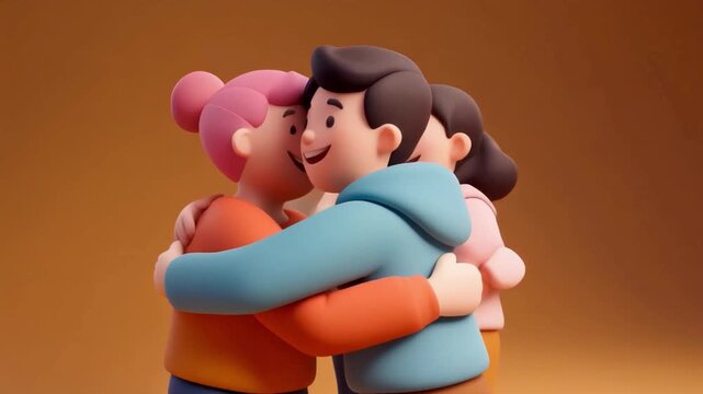 2.5D stylized animated friends hugging happily with soft shadows, smooth motion, and rich pastel tones, 4k cinematic.
