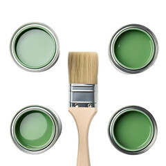 Wooden paint brush with green paint and four open paint cans arranged around it isolated on a transparent background