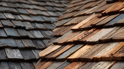 Ultra-realistic close-up of old curled shingles contrasted against flat new shingles