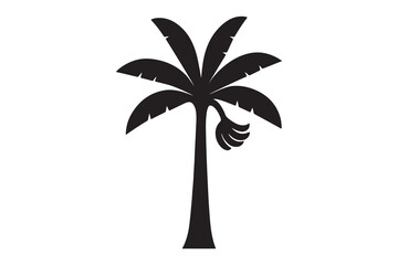 Banana Tree Silhouette with Hanging Bananas on White Background