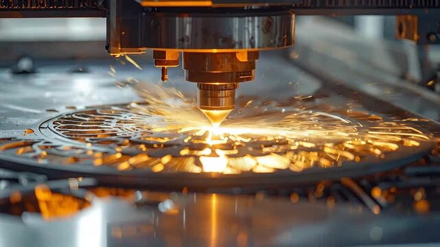 Close Up Of Laser Cutter Cutting Metal With Sparks And Selective Focus