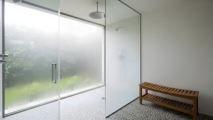 A minimalist bathroom interior with a frosted glass shower door and wooden bench