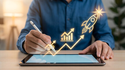 Conceptual digital art of business acceleration and financial breakthrough,visualizing startup potential through rocket launch graphics,symbolizing rapid market rise,profit boost.